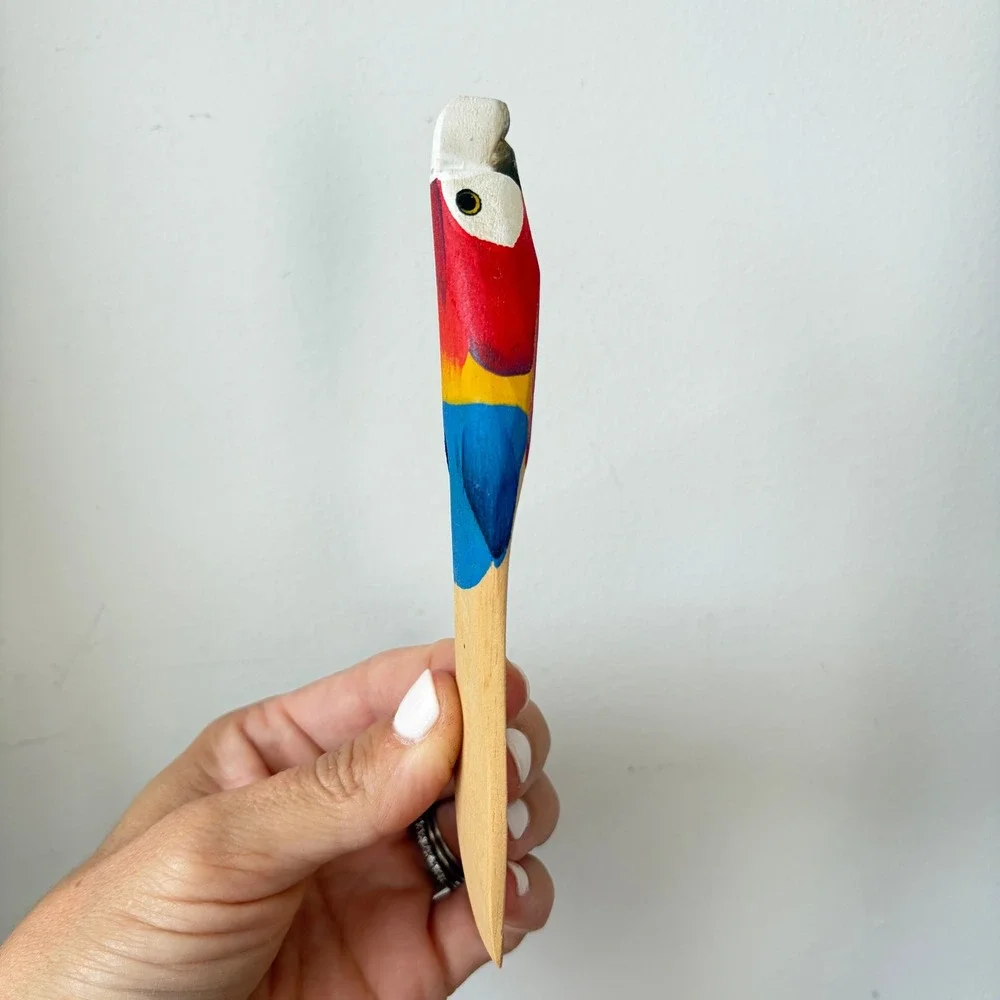 Vintage Hand Painted Wooden Bird Butter Knives Parrot Folk Art Spreaders Set 2